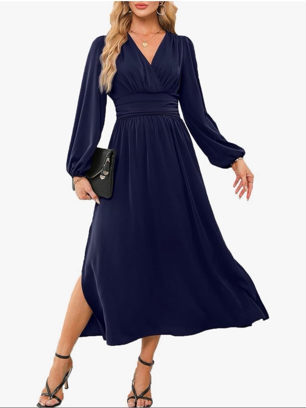 Dokotoo Wrap V-Neck Empire Waist Maxi Dress Lantern Sleeve Ruched Slit Blue XL